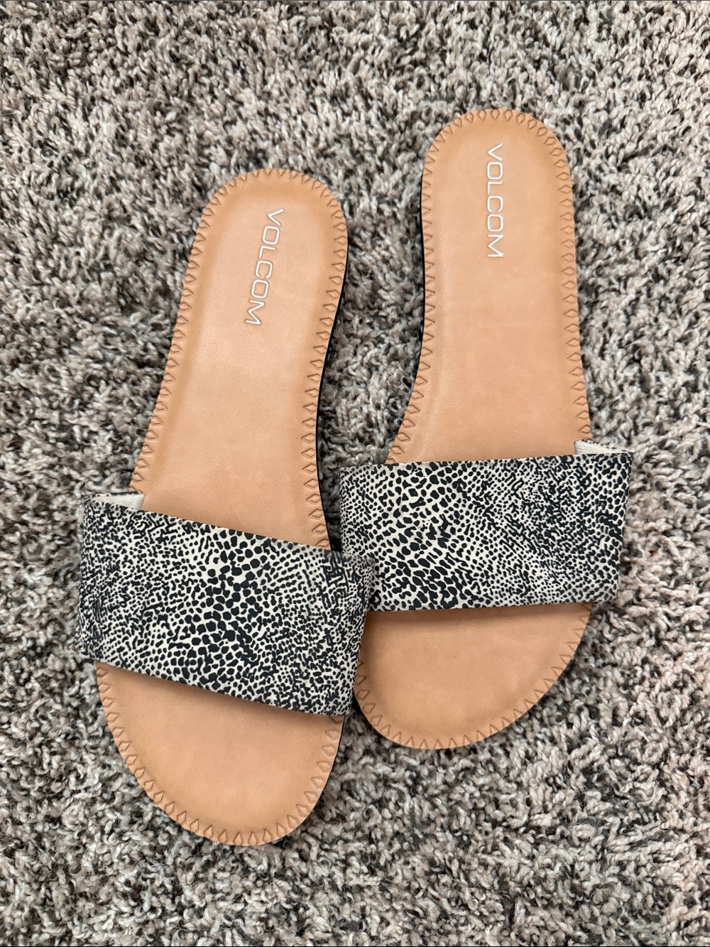 Volcom Slide Sandals in Tan with Black & White Print Strap